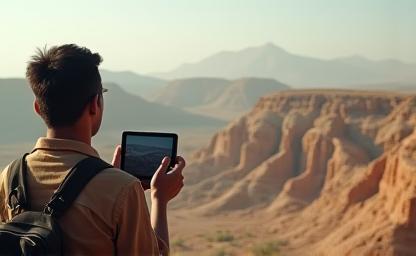 Person scouting a film location with a camera looking at a scenic view