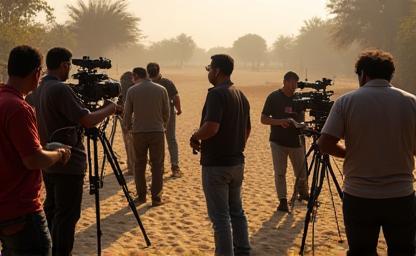 Film crew setting up on location with cameras and equipment